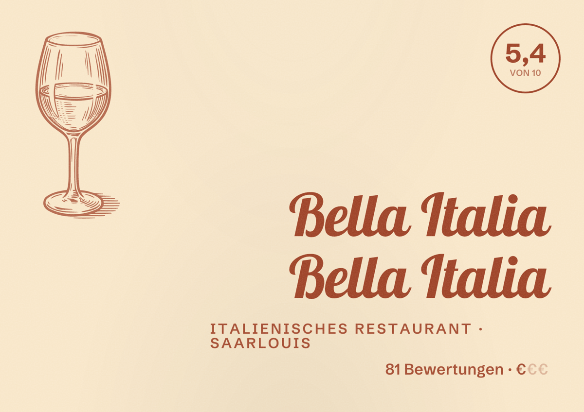 Illustriertes Poster von Bella Italia Bella Italia, Italienisches Restaurant in Saarlouis: Bewertung 5,4 von 10 aus 81 Bewertungen, Preisniveau €