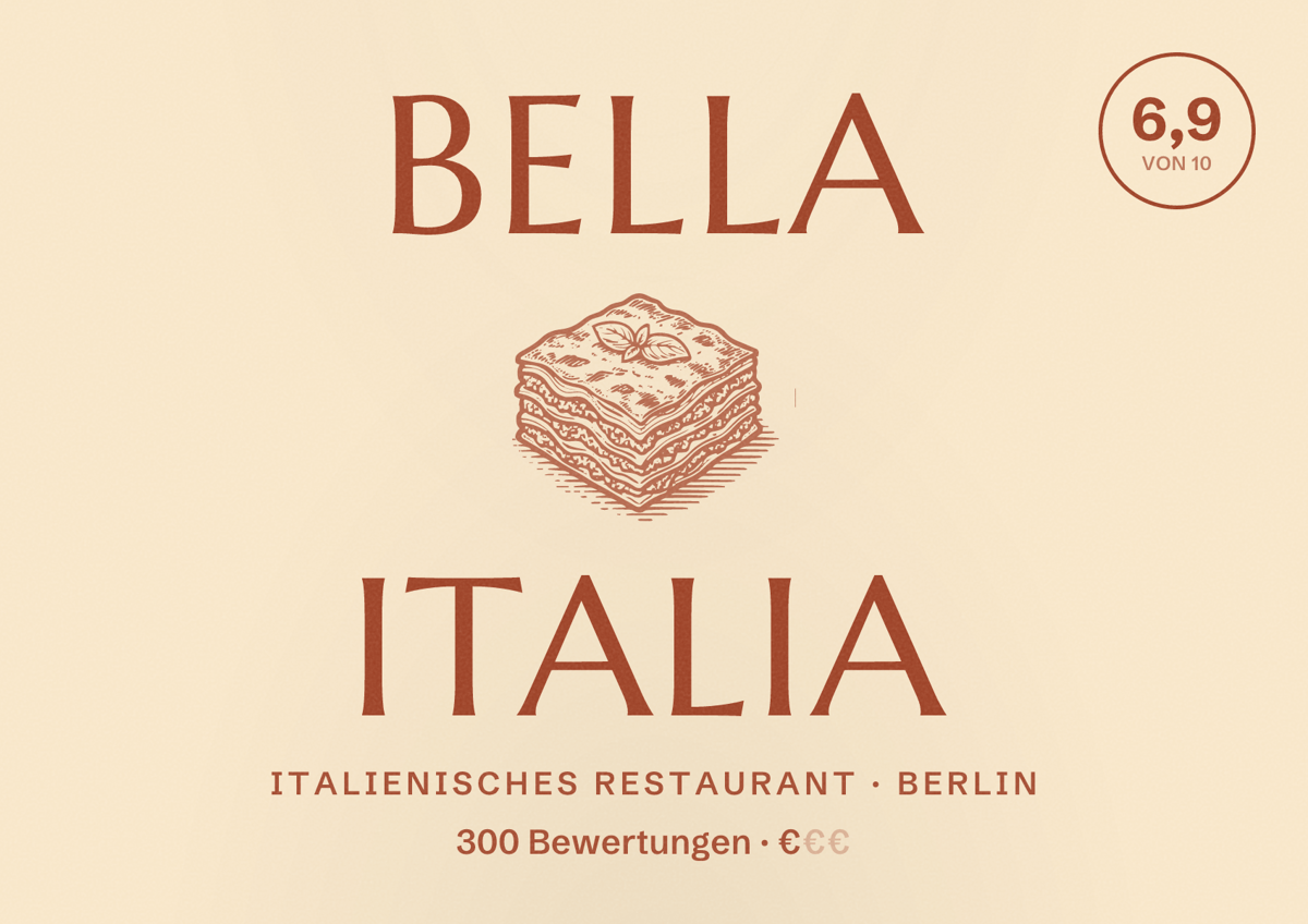 Illustriertes Poster von Bella Italia, Italienisches Restaurant in Berlin: Bewertung 6,9 von 10 aus 300 Bewertungen, Preisniveau €