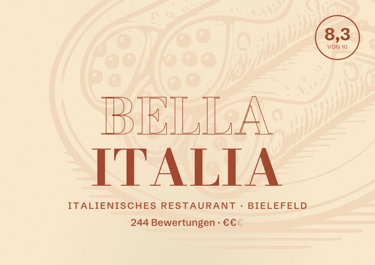 Illustriertes Poster von Bella Italia, Italienisches Restaurant in Bielefeld: Bewertung 8,3 von 10 aus 244 Bewertungen, Preisniveau €€