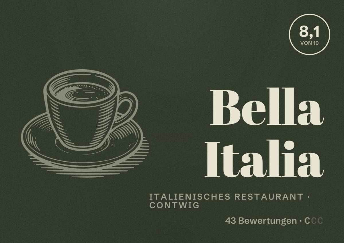 Illustriertes Poster von Bella Italia, Italienisches Restaurant in Contwig: Bewertung 8,1 von 10 aus 43 Bewertungen, Preisniveau €