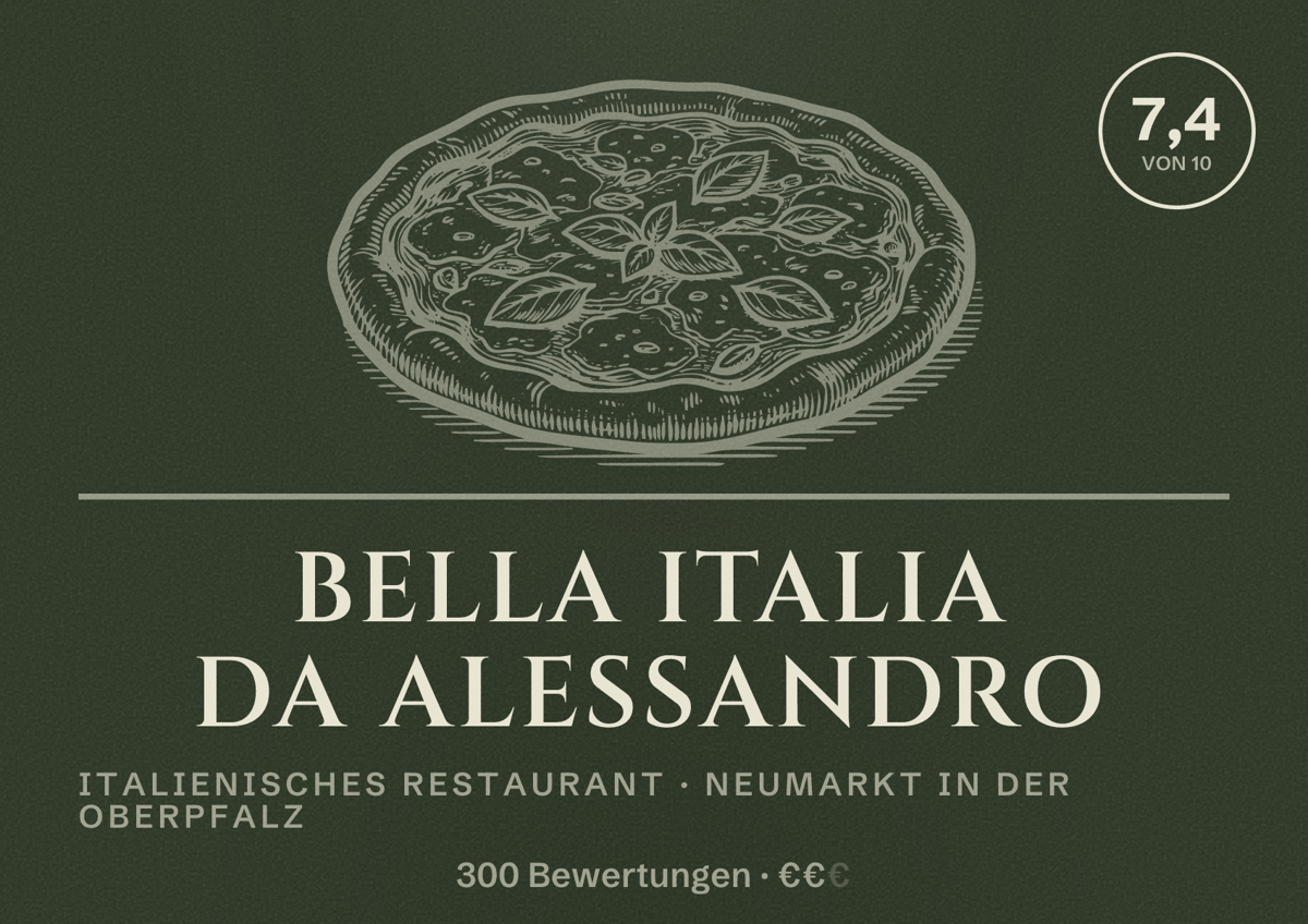 Illustriertes Poster von Bella Italia da Alessandro, Italienisches Restaurant in Neumarkt in der Oberpfalz: Bewertung 7,4 von 10 aus 300 Bewertungen, Preisniveau €€