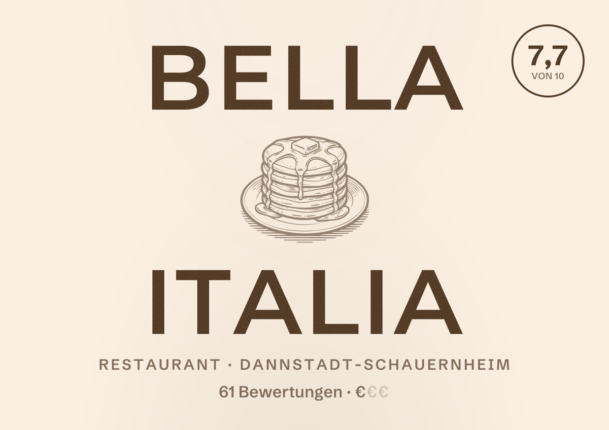 Illustriertes Poster von Bella Italia, Restaurant in Dannstadt-Schauernheim: Bewertung 7,7 von 10 aus 61 Bewertungen, Preisniveau €