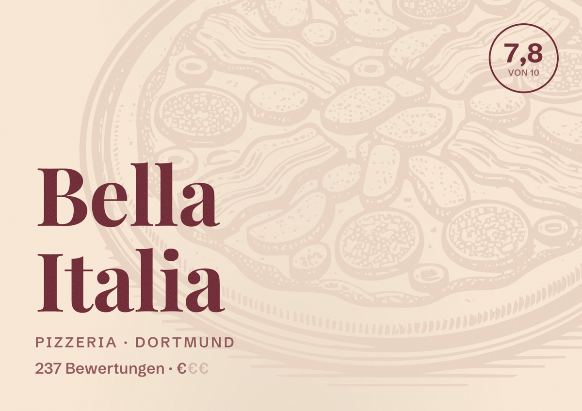 Illustriertes Poster von Bella Italia, Pizzeria in Dortmund: Bewertung 7,8 von 10 aus 237 Bewertungen, Preisniveau €