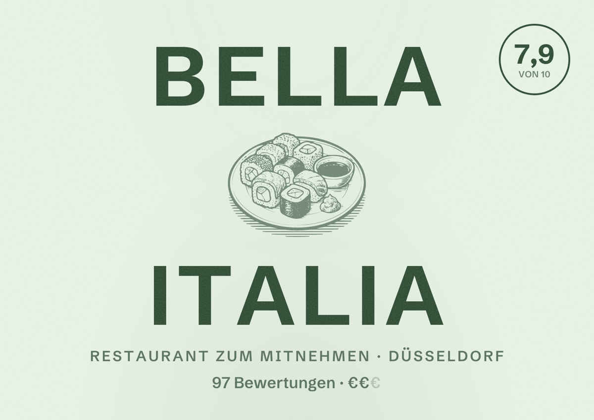 Illustriertes Poster von Bella Italia, Restaurant zum Mitnehmen in Düsseldorf: Bewertung 7,9 von 10 aus 97 Bewertungen, Preisniveau €€