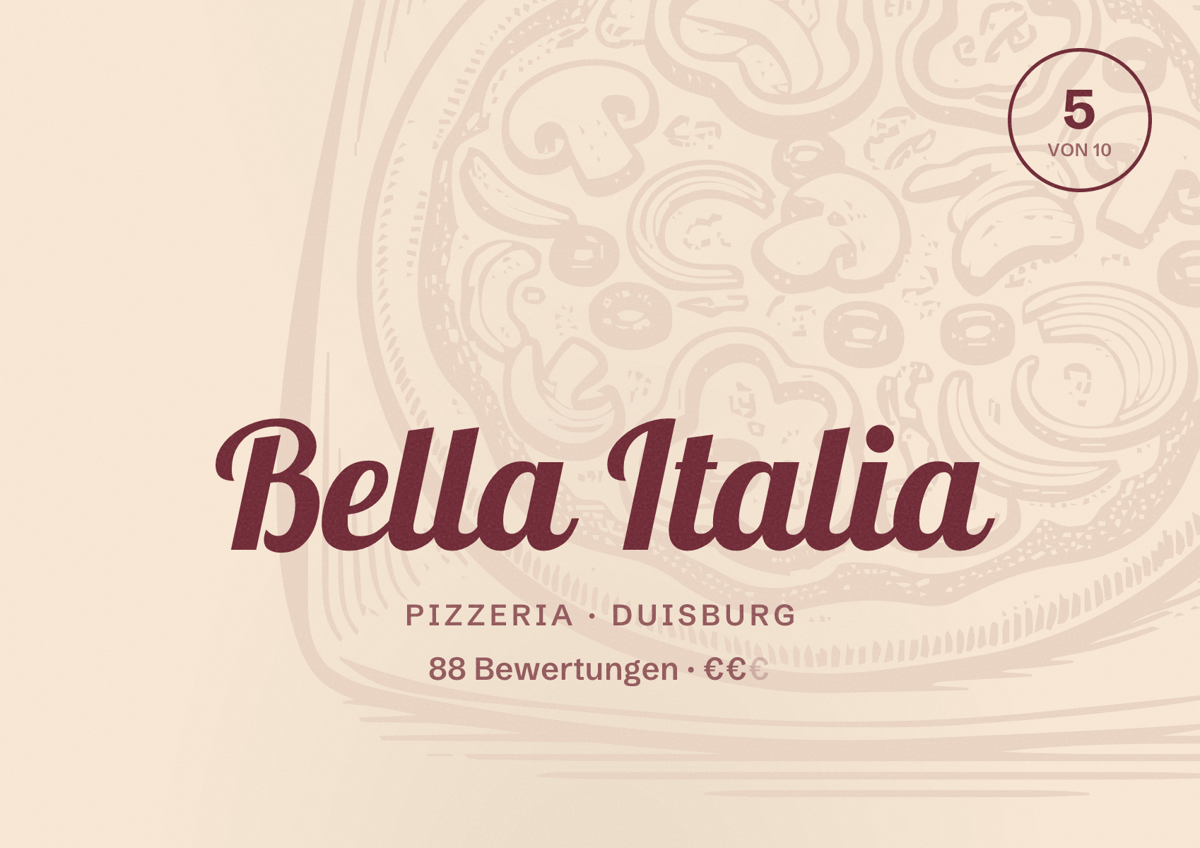 Illustriertes Poster von Bella Italia, Pizzeria in Duisburg: Bewertung 5 von 10 aus 88 Bewertungen, Preisniveau €€