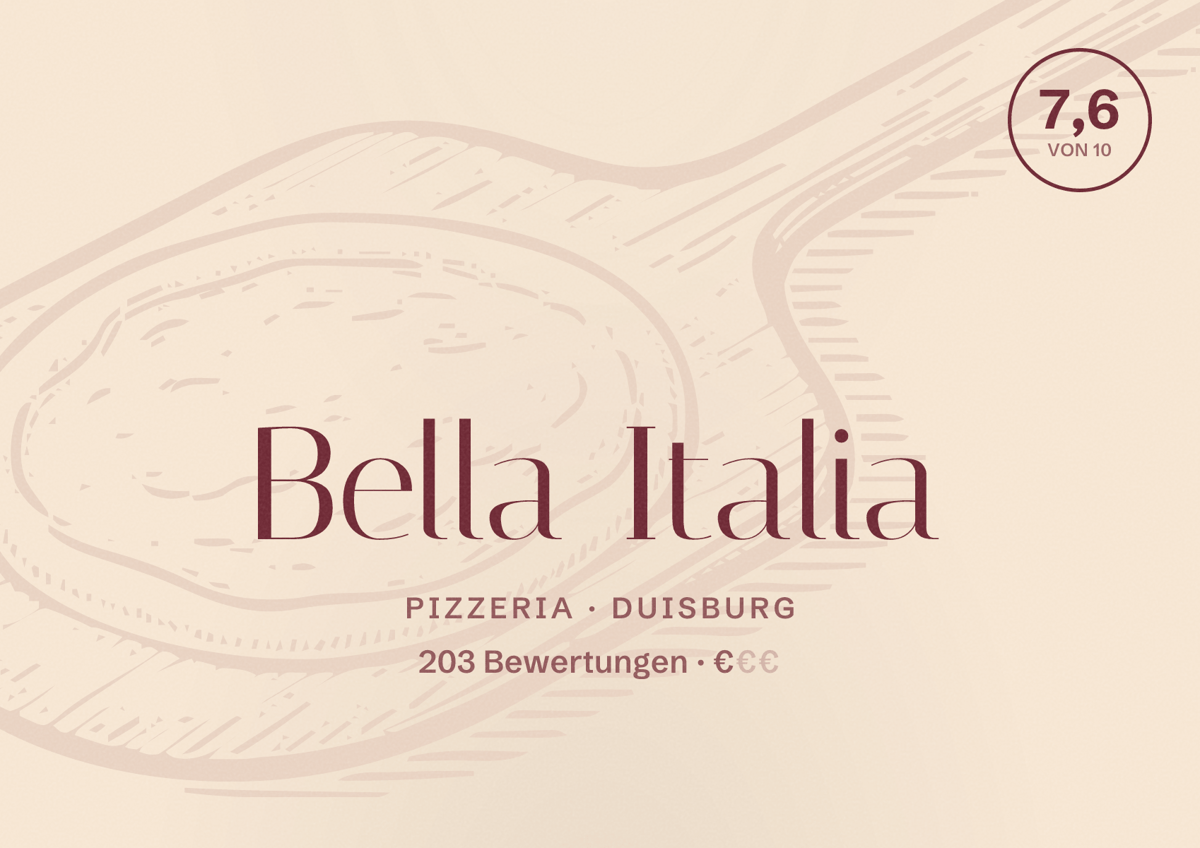 Illustriertes Poster von Bella Italia, Pizzeria in Duisburg: Gästebewertung 7,6 von 10 aus 203 Bewertungen