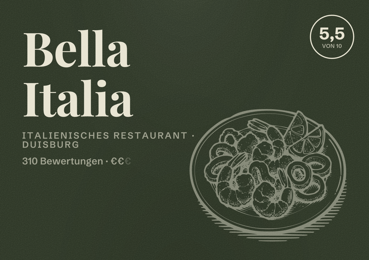 Illustriertes Poster von Bella Italia, Italienisches Restaurant in Duisburg: Bewertung 5,5 von 10 aus 310 Bewertungen, Preisniveau €€