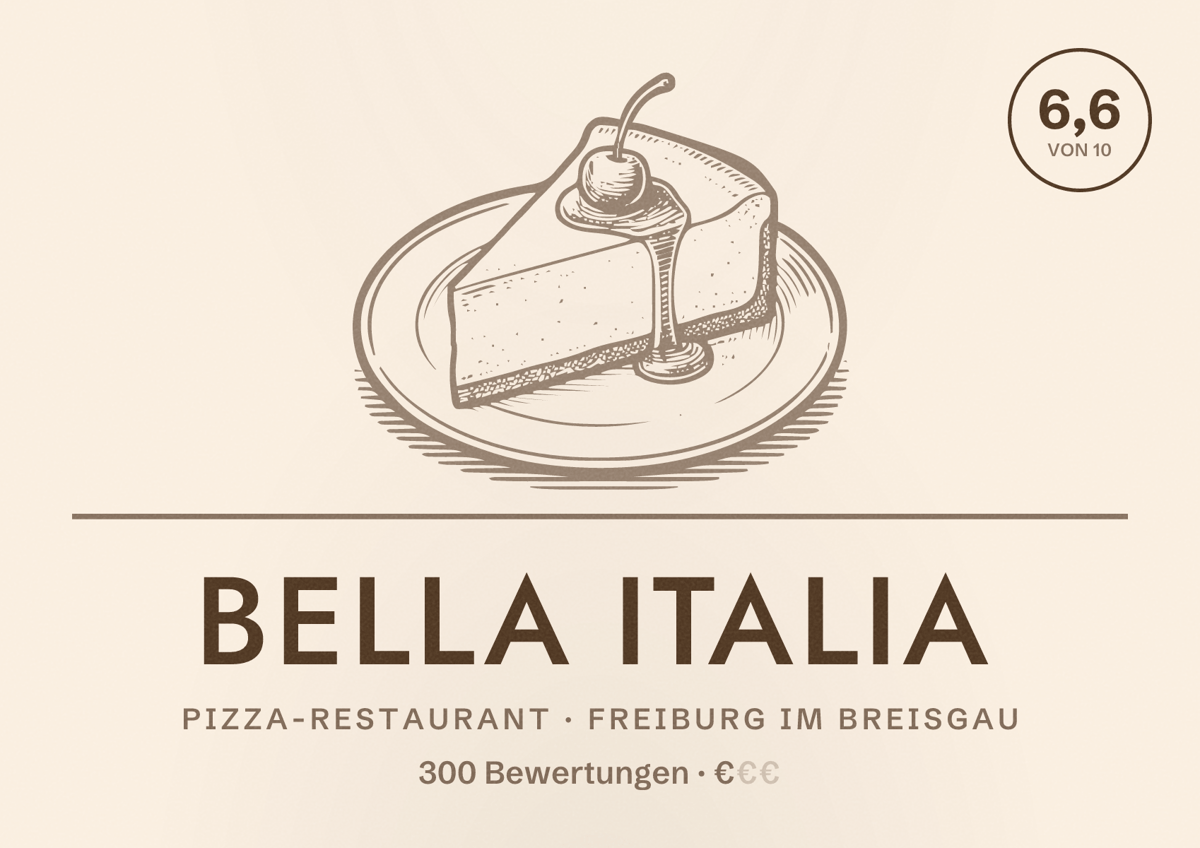 Illustriertes Poster von Bella Italia, Pizza-Restaurant in Freiburg im Breisgau: Bewertung 6,6 von 10 aus 300 Bewertungen, Preisniveau €