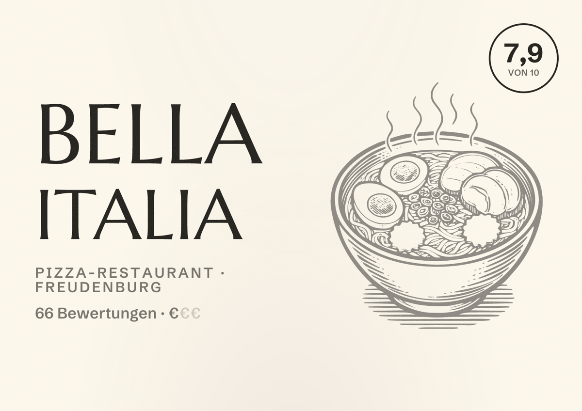 Illustriertes Poster von Bella Italia, Pizza-Restaurant in Freudenburg: Bewertung 7,9 von 10 aus 66 Bewertungen, Preisniveau €