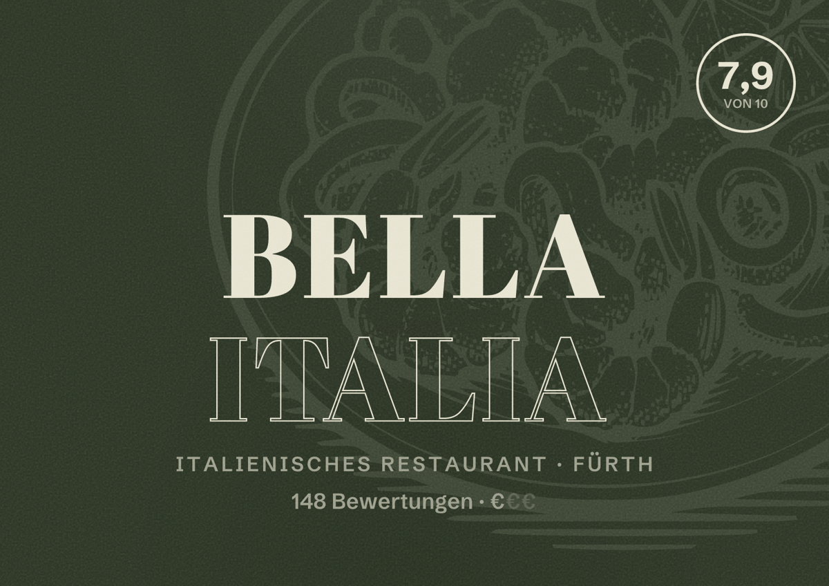 Illustriertes Poster von Bella Italia, Italienisches Restaurant in Fürth: Bewertung 7,9 von 10 aus 148 Bewertungen, Preisniveau €