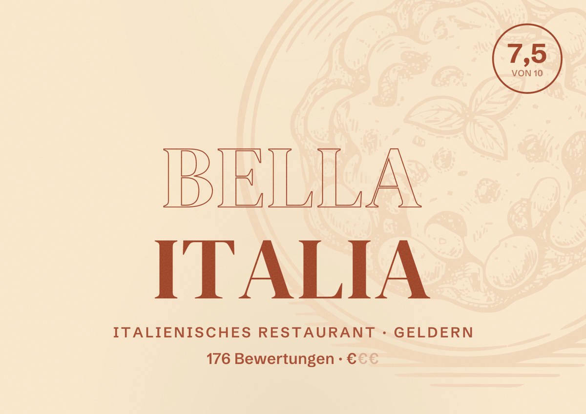 Illustriertes Poster von Bella Italia, Italienisches Restaurant in Geldern: Bewertung 7,5 von 10 aus 176 Bewertungen, Preisniveau €