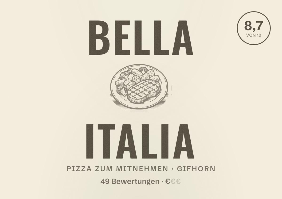 Illustriertes Poster von Bella Italia, Pizza zum Mitnehmen in Gifhorn: Bewertung 8,7 von 10 aus 49 Bewertungen, Preisniveau €