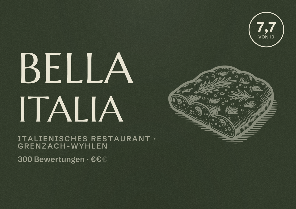 Illustriertes Poster von Bella Italia, Italienisches Restaurant in Grenzach-Wyhlen: Bewertung 7,7 von 10 aus 300 Bewertungen, Preisniveau €€