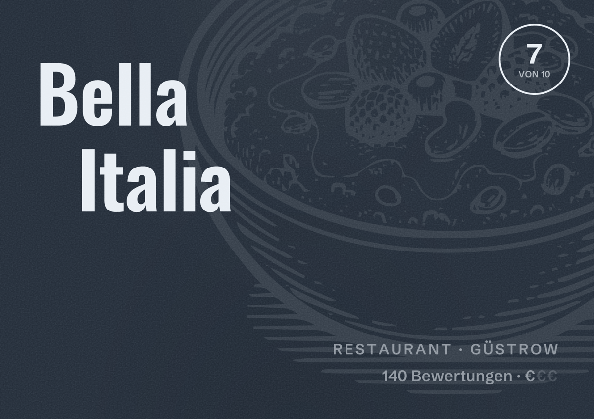 Illustriertes Poster von Bella Italia, Restaurant in Güstrow: Bewertung 7 von 10 aus 140 Bewertungen, Preisniveau €