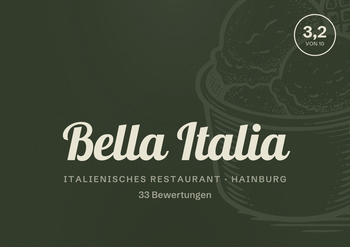 Illustriertes Poster von Bella Italia, Italienisches Restaurant in Hainburg: Bewertung 3,2 von 10 aus 33 Bewertungen