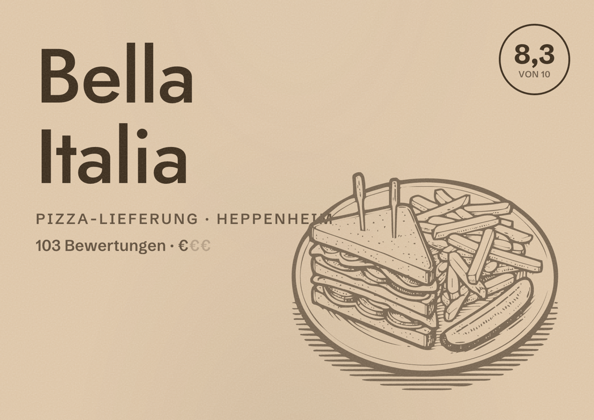 Illustriertes Poster von Bella Italia, Pizza-Lieferung in Heppenheim: Bewertung 8,3 von 10 aus 103 Bewertungen, Preisniveau €