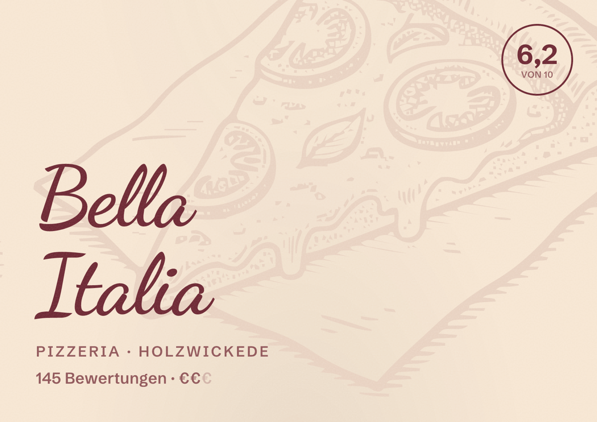 Illustriertes Poster von Bella Italia, Pizzeria in Holzwickede: Bewertung 6,2 von 10 aus 145 Bewertungen, Preisniveau €€