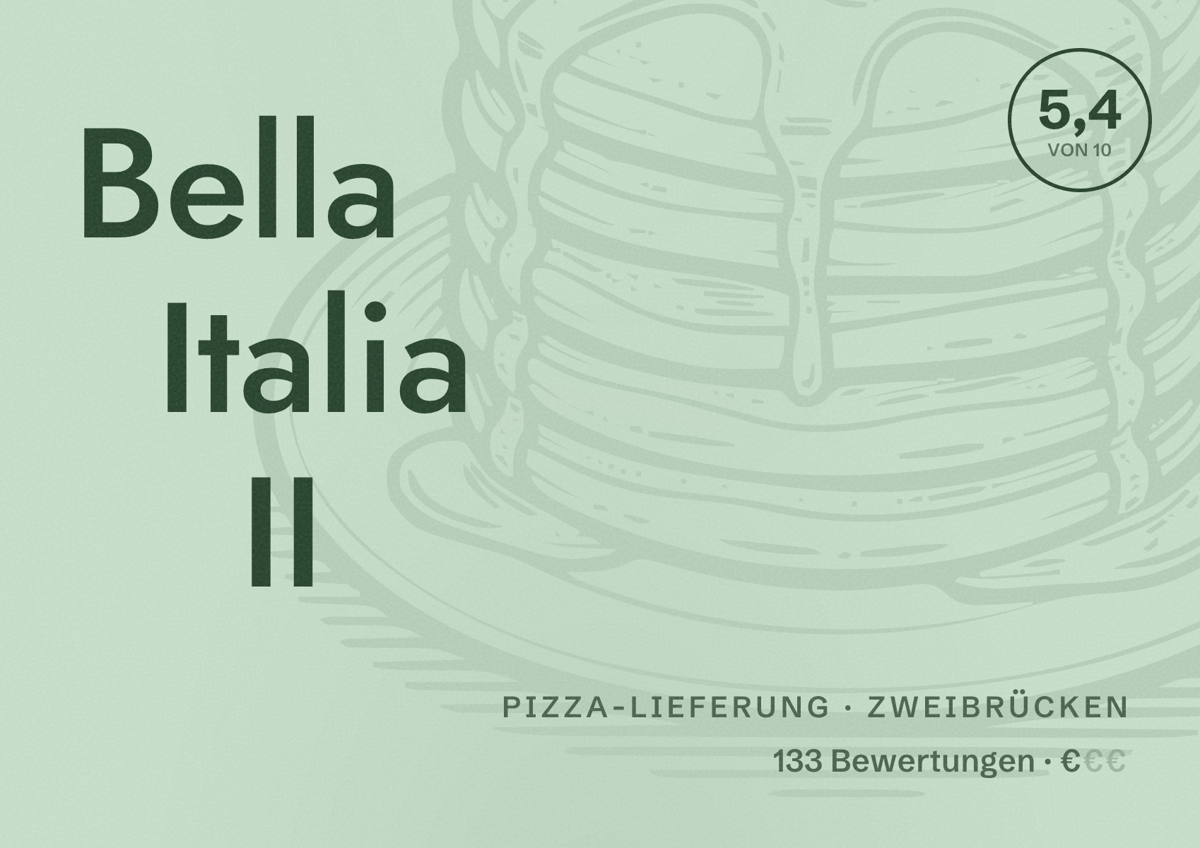 Illustriertes Poster von Bella Italia II, Pizza-Lieferung in Zweibrücken: Bewertung 5,4 von 10 aus 133 Bewertungen, Preisniveau €