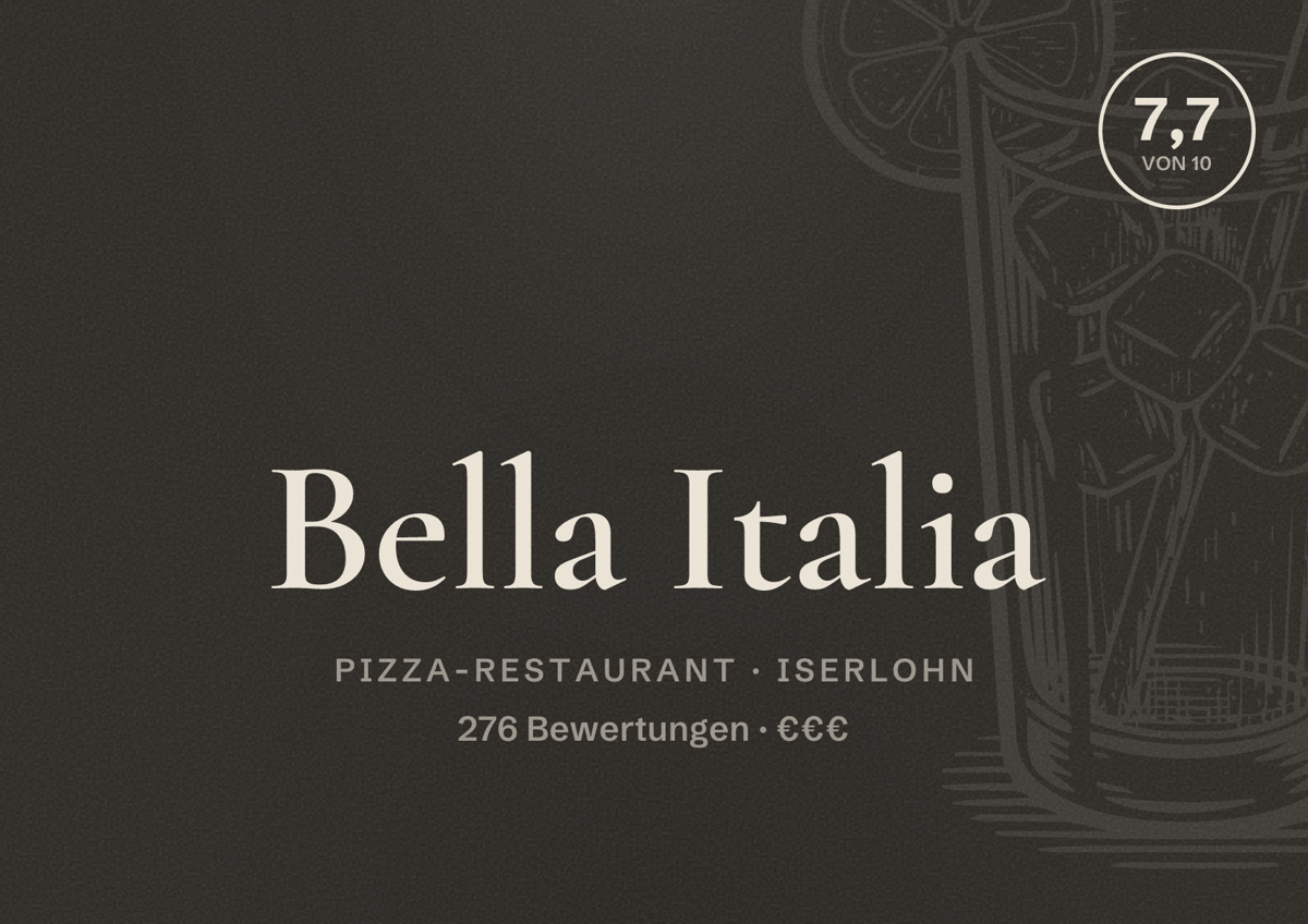 Illustriertes Poster von Bella Italia, Pizza-Restaurant in Iserlohn: Bewertung 7,7 von 10 aus 276 Bewertungen, Preisniveau €€€