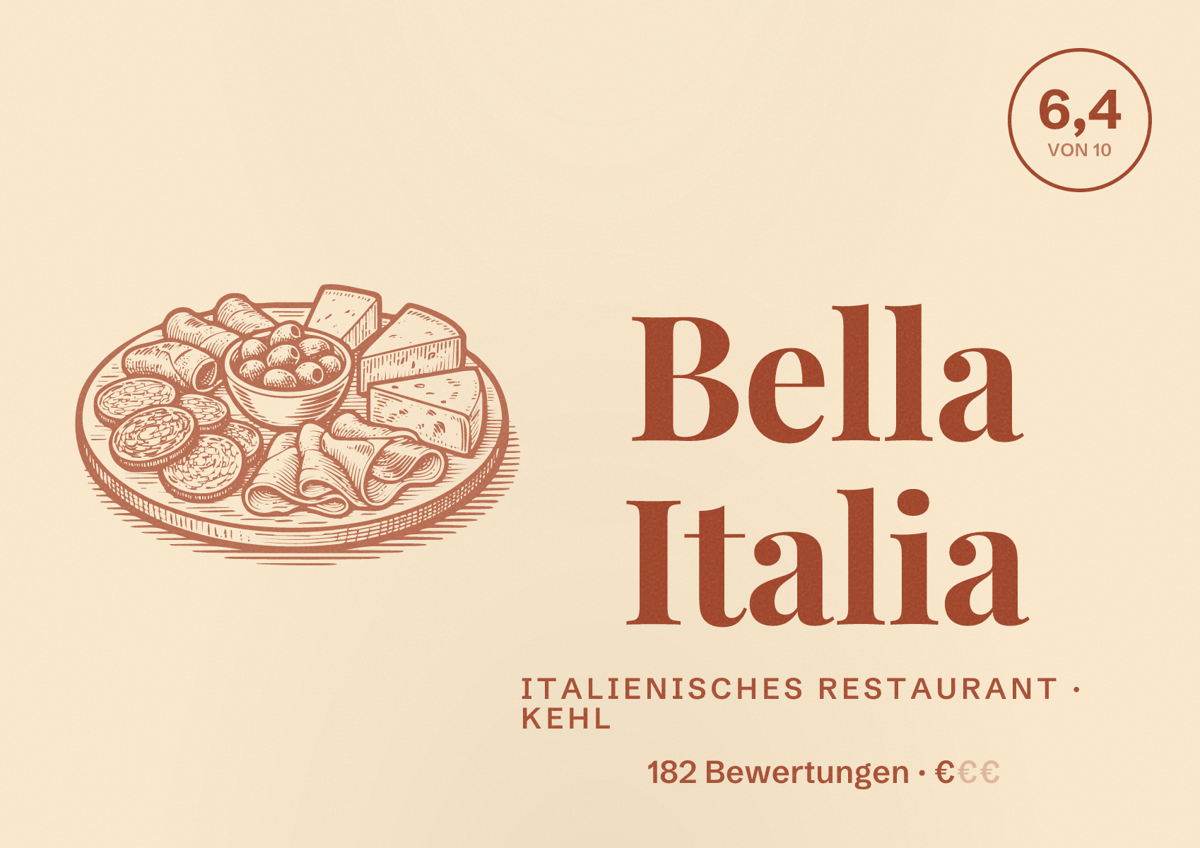 Illustriertes Poster von Bella Italia, Italienisches Restaurant in Kehl: Bewertung 6,4 von 10 aus 182 Bewertungen, Preisniveau €