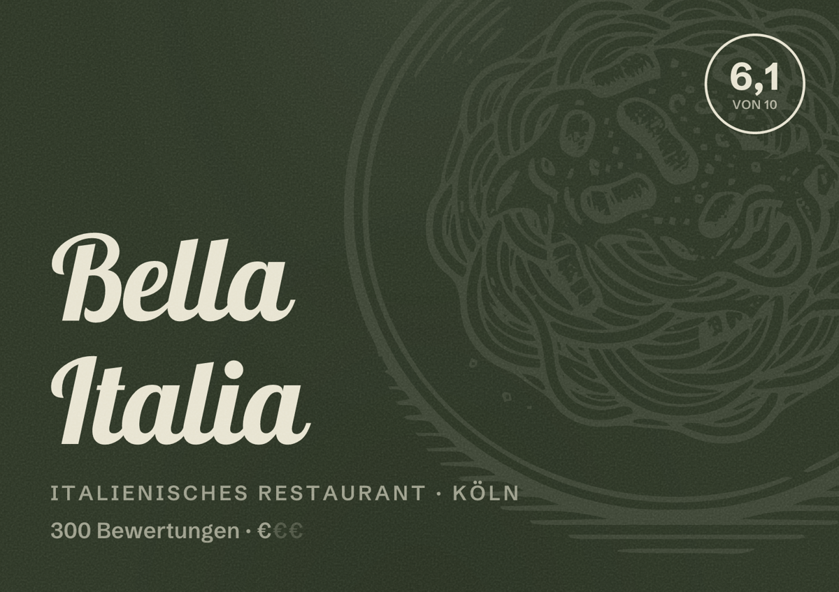 Illustriertes Poster von Bella Italia, Italienisches Restaurant in Köln: Bewertung 6,1 von 10 aus 300 Bewertungen, Preisniveau €