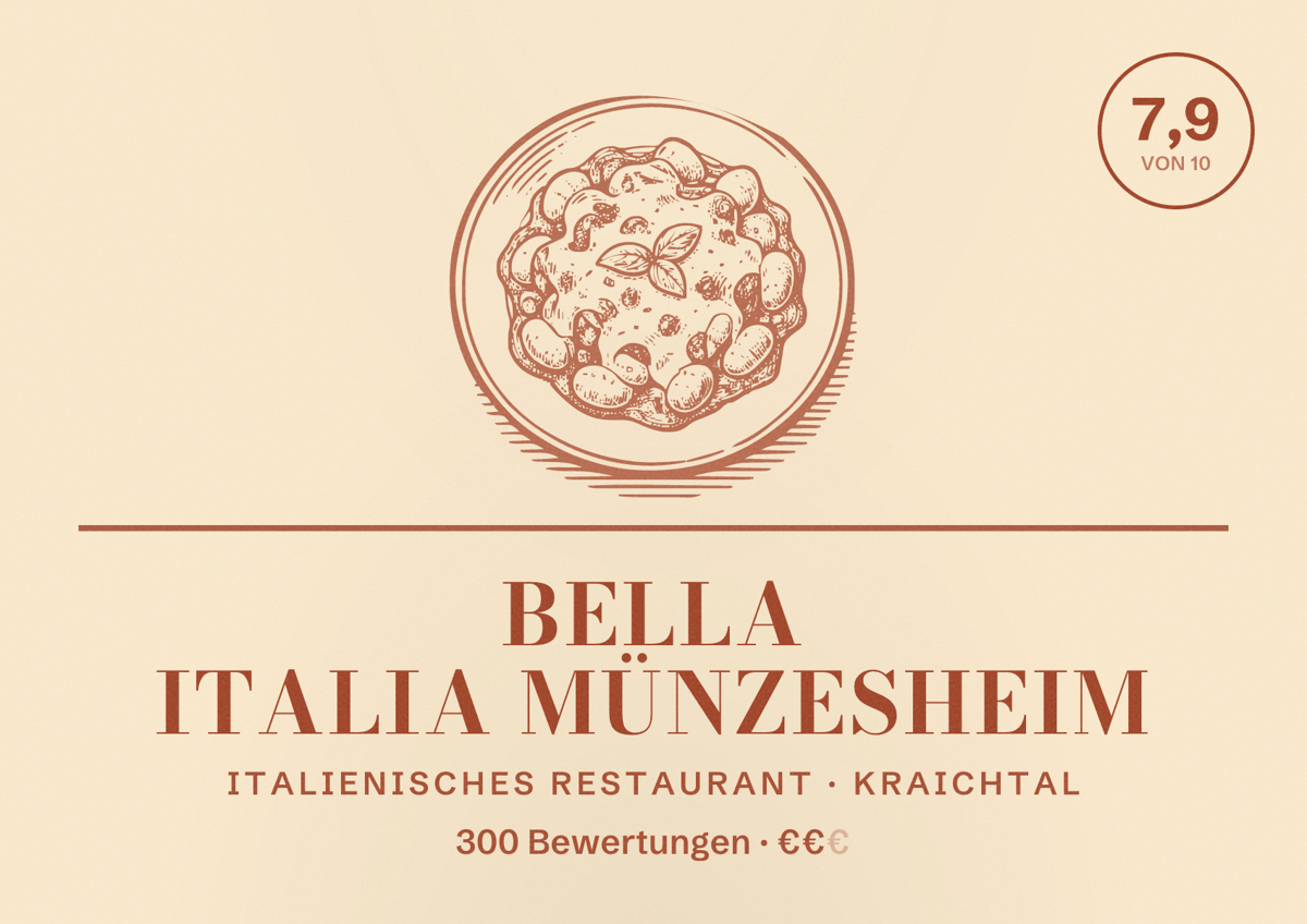 Illustriertes Poster von Bella Italia Münzesheim, Italienisches Restaurant in Kraichtal: Bewertung 7,9 von 10 aus 300 Bewertungen, Preisniveau €€