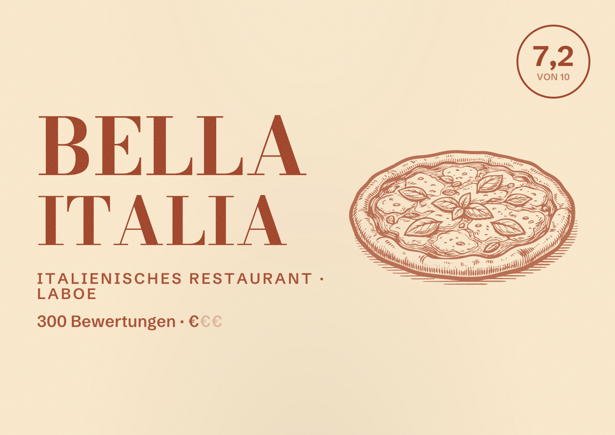 Illustriertes Poster von Bella Italia, Italienisches Restaurant in Laboe: Bewertung 7,2 von 10 aus 300 Bewertungen, Preisniveau €