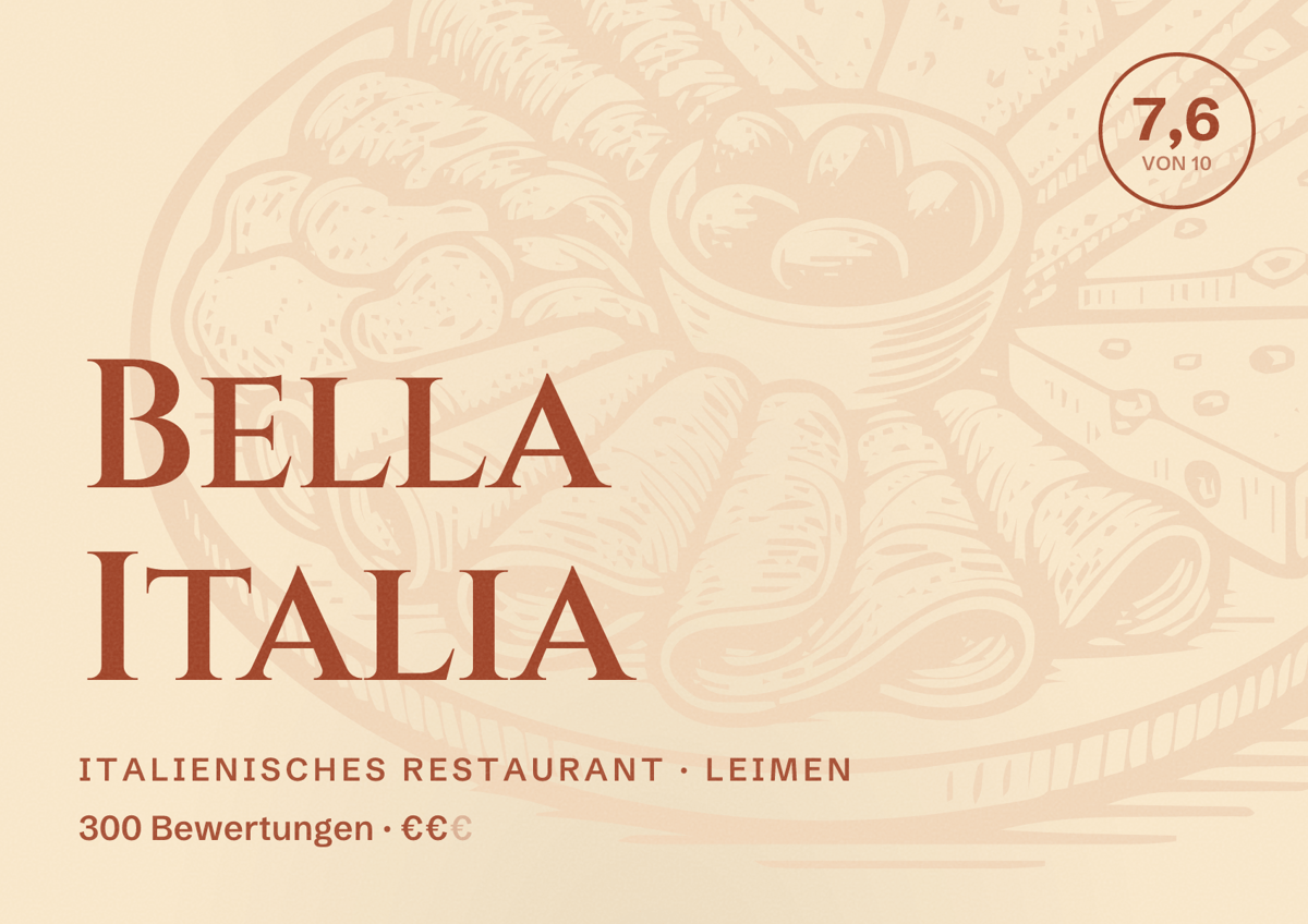 Illustriertes Poster von Bella Italia, Italienisches Restaurant in Leimen: Bewertung 7,6 von 10 aus 300 Bewertungen, Preisniveau €€