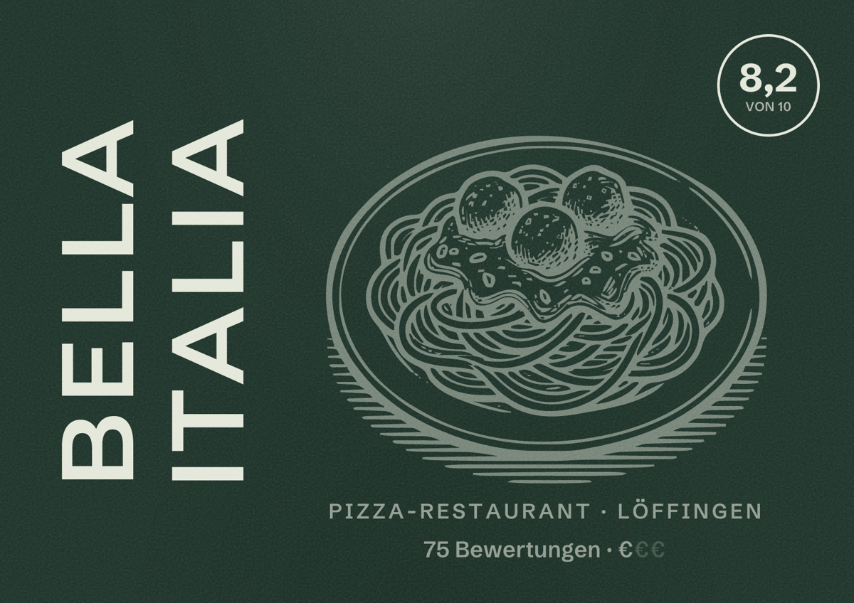 Illustriertes Poster von Bella Italia, Pizza-Restaurant in Löffingen: Bewertung 8,2 von 10 aus 75 Bewertungen, Preisniveau €