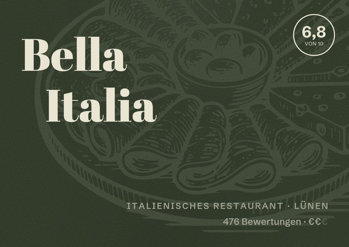 Illustriertes Poster von Bella Italia, Italienisches Restaurant in Lünen: Bewertung 6,8 von 10 aus 476 Bewertungen, Preisniveau €€