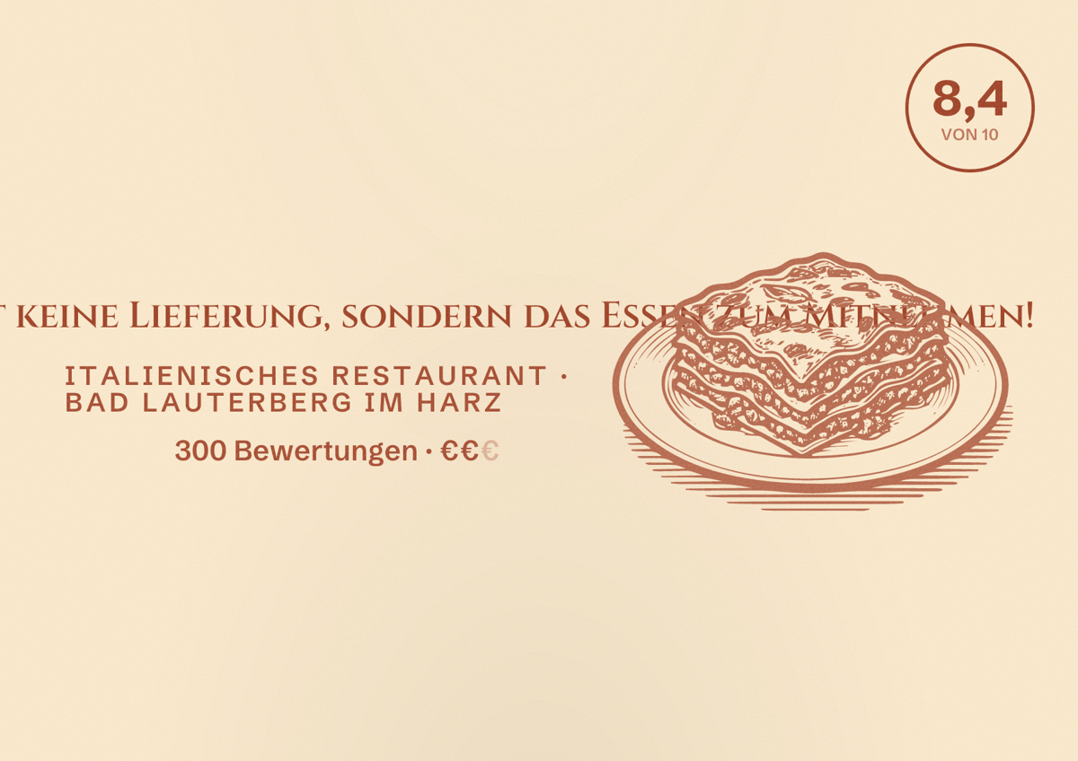 Illustriertes Poster von Bella Italia macht keine Lieferung, sondern das Essen zum Mitnehmen!, Italienisches Restaurant in Bad Lauterberg im Harz: Bewertung 8,4 von 10 aus 300 Bewertungen, Preisniveau €€