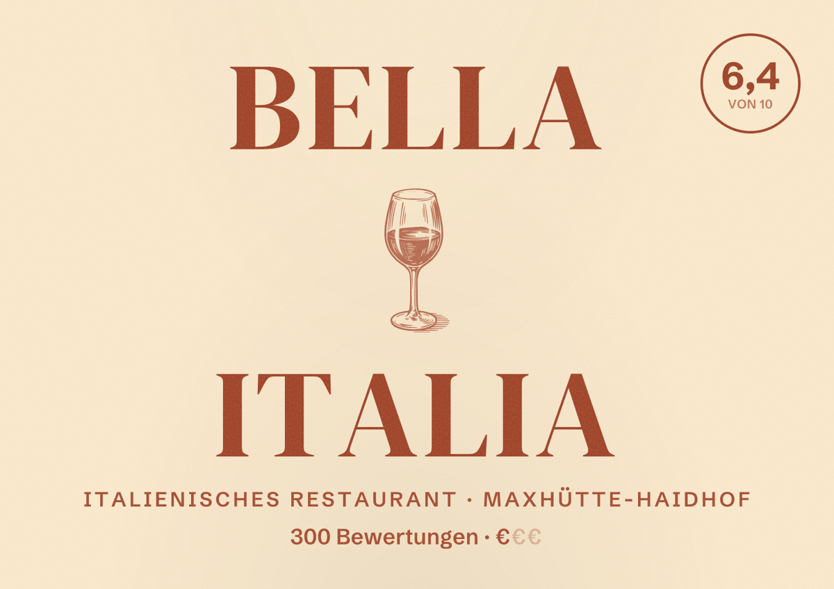 Illustriertes Poster von Bella Italia, Italienisches Restaurant in Maxhütte-Haidhof: Bewertung 6,4 von 10 aus 300 Bewertungen, Preisniveau €