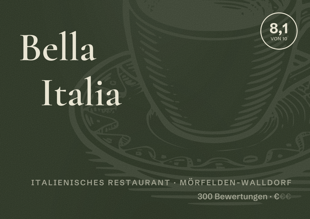 Illustriertes Poster von Bella Italia, Italienisches Restaurant in Mörfelden-Walldorf: Bewertung 8,1 von 10 aus 300 Bewertungen, Preisniveau €