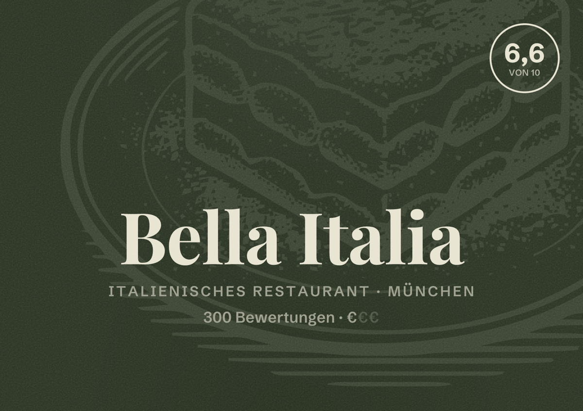 Illustriertes Poster von Bella Italia, Italienisches Restaurant in München: Bewertung 6,6 von 10 aus 300 Bewertungen, Preisniveau €
