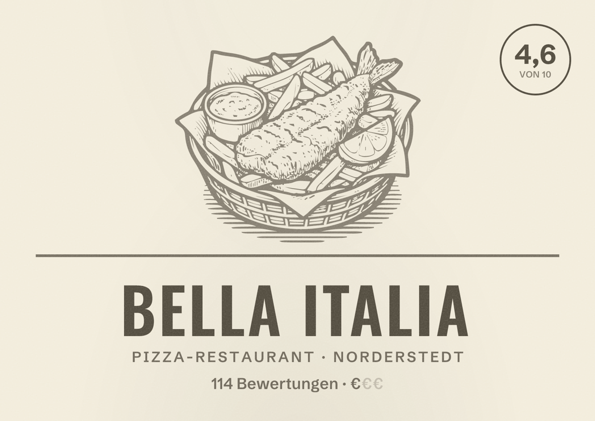 Illustriertes Poster von Bella Italia, Pizza-Restaurant in Norderstedt: Bewertung 4,6 von 10 aus 114 Bewertungen, Preisniveau €