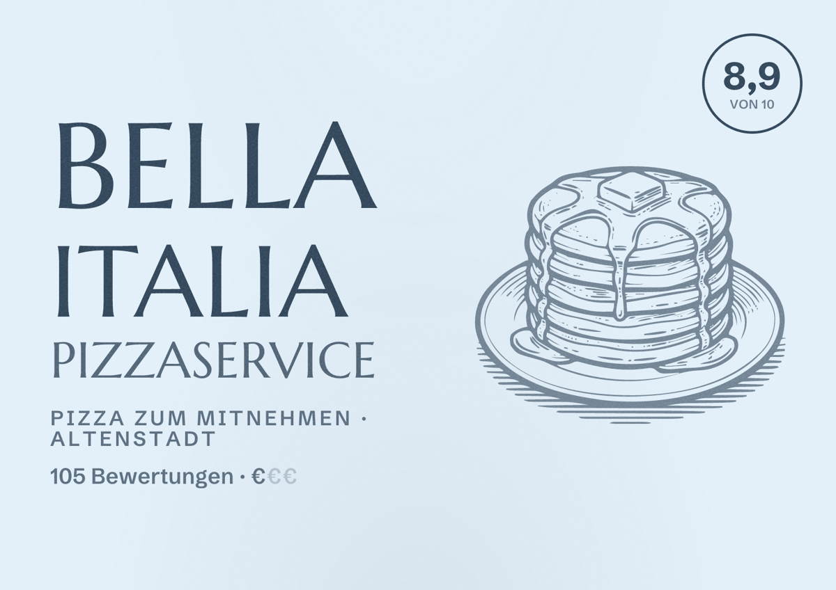 Illustriertes Poster von Bella Italia Pizzaservice, Pizza zum Mitnehmen in Altenstadt: Bewertung 8,9 von 10 aus 105 Bewertungen, Preisniveau €