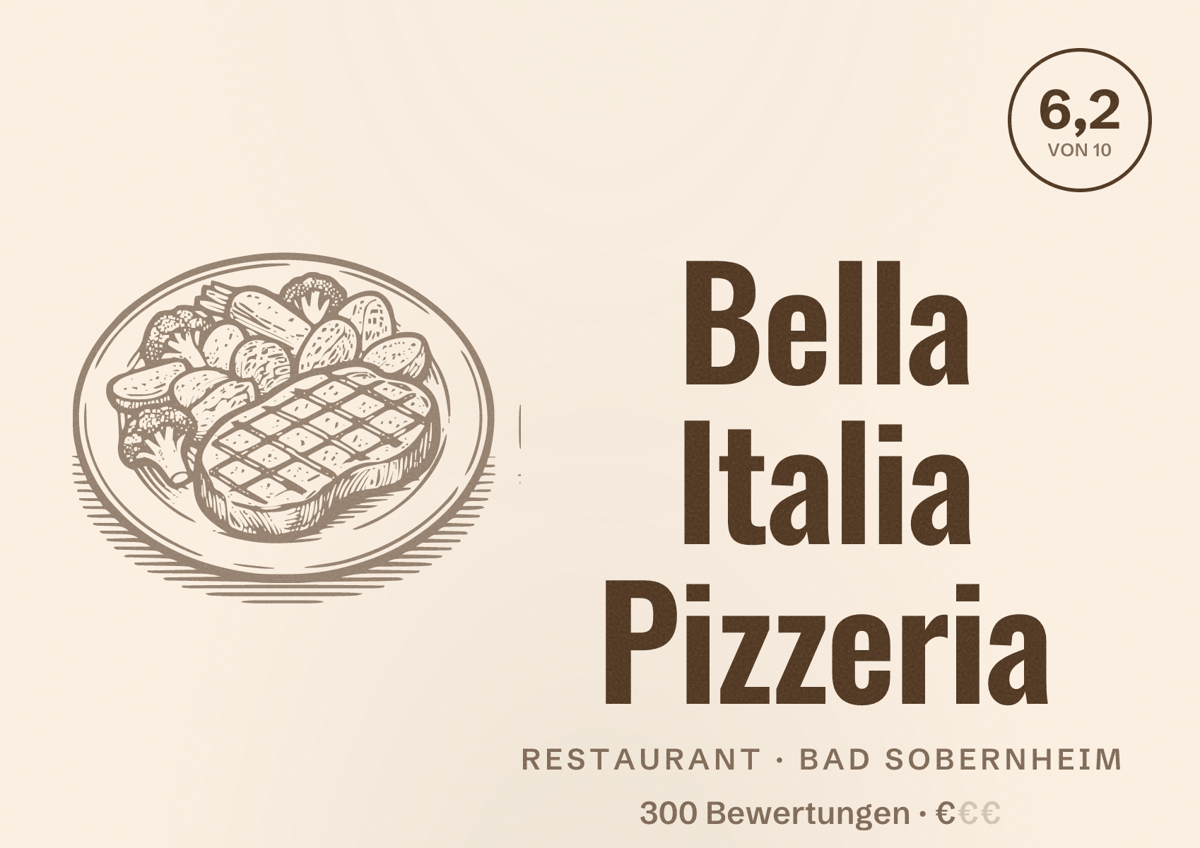 Illustriertes Poster von Bella Italia Pizzeria, Restaurant in Bad Sobernheim: Bewertung 6,2 von 10 aus 300 Bewertungen, Preisniveau €