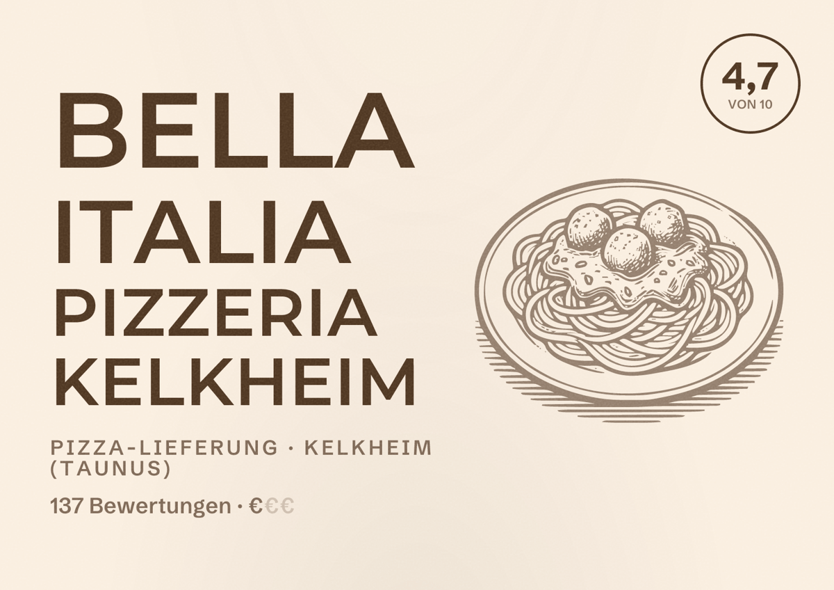 Illustriertes Poster von Bella Italia Pizzeria Kelkheim, Pizza-Lieferung in Kelkheim (Taunus): Bewertung 4,7 von 10 aus 137 Bewertungen, Preisniveau €