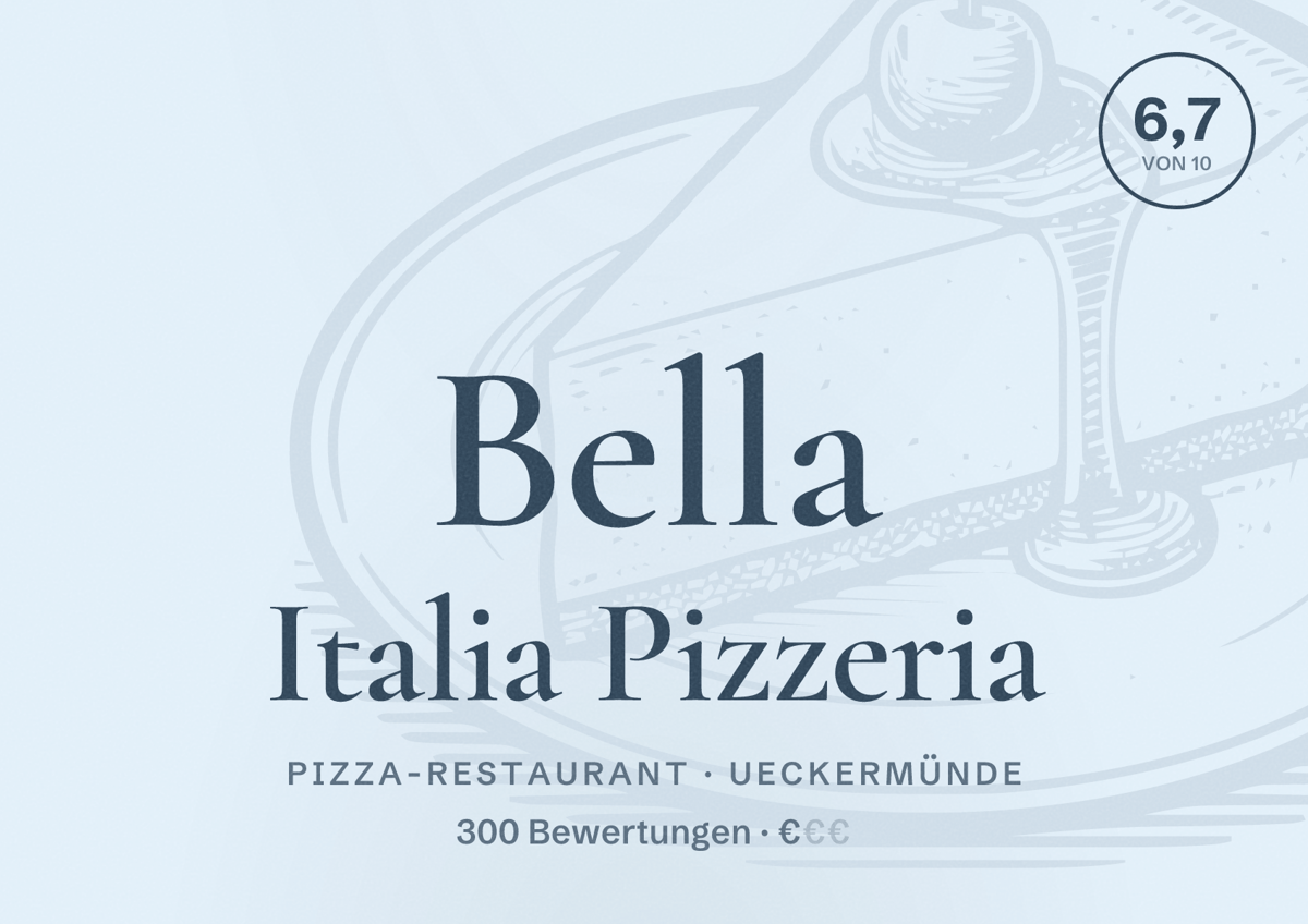Illustriertes Poster von Bella Italia Pizzeria, Pizza-Restaurant in Ueckermünde: Bewertung 6,7 von 10 aus 300 Bewertungen, Preisniveau €