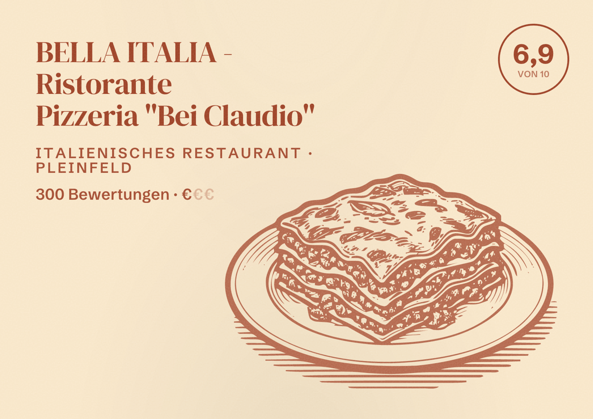 Illustriertes Poster von BELLA ITALIA - Ristorante Pizzeria "Bei Claudio", Italienisches Restaurant in Pleinfeld: Bewertung 6,9 von 10 aus 300 Bewertungen, Preisniveau €