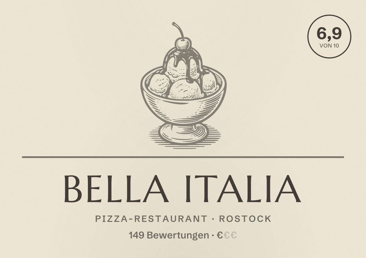 Illustriertes Poster von Bella Italia, Pizza-Restaurant in Rostock: Bewertung 6,9 von 10 aus 149 Bewertungen, Preisniveau €