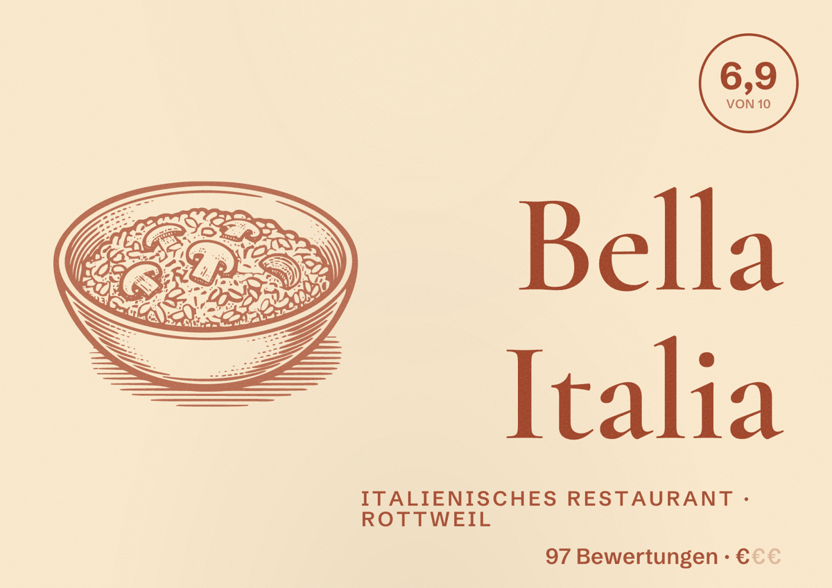 Illustriertes Poster von Bella Italia, Italienisches Restaurant in Rottweil: Bewertung 6,9 von 10 aus 97 Bewertungen, Preisniveau €