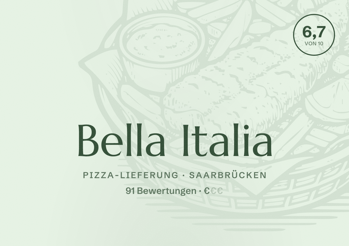 Illustriertes Poster von Bella Italia, Pizza-Lieferung in Saarbrücken: Bewertung 6,7 von 10 aus 91 Bewertungen, Preisniveau €