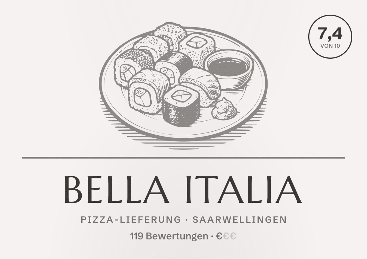 Illustriertes Poster von BELLA ITALIA, Pizza-Lieferung in Saarwellingen: Bewertung 7,4 von 10 aus 119 Bewertungen, Preisniveau €