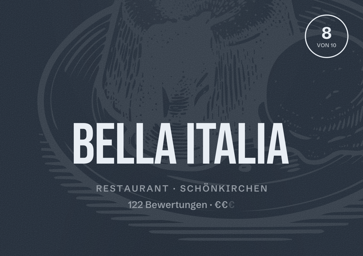 Illustriertes Poster von Bella Italia, Restaurant in Schönkirchen: Bewertung 8 von 10 aus 122 Bewertungen, Preisniveau €€
