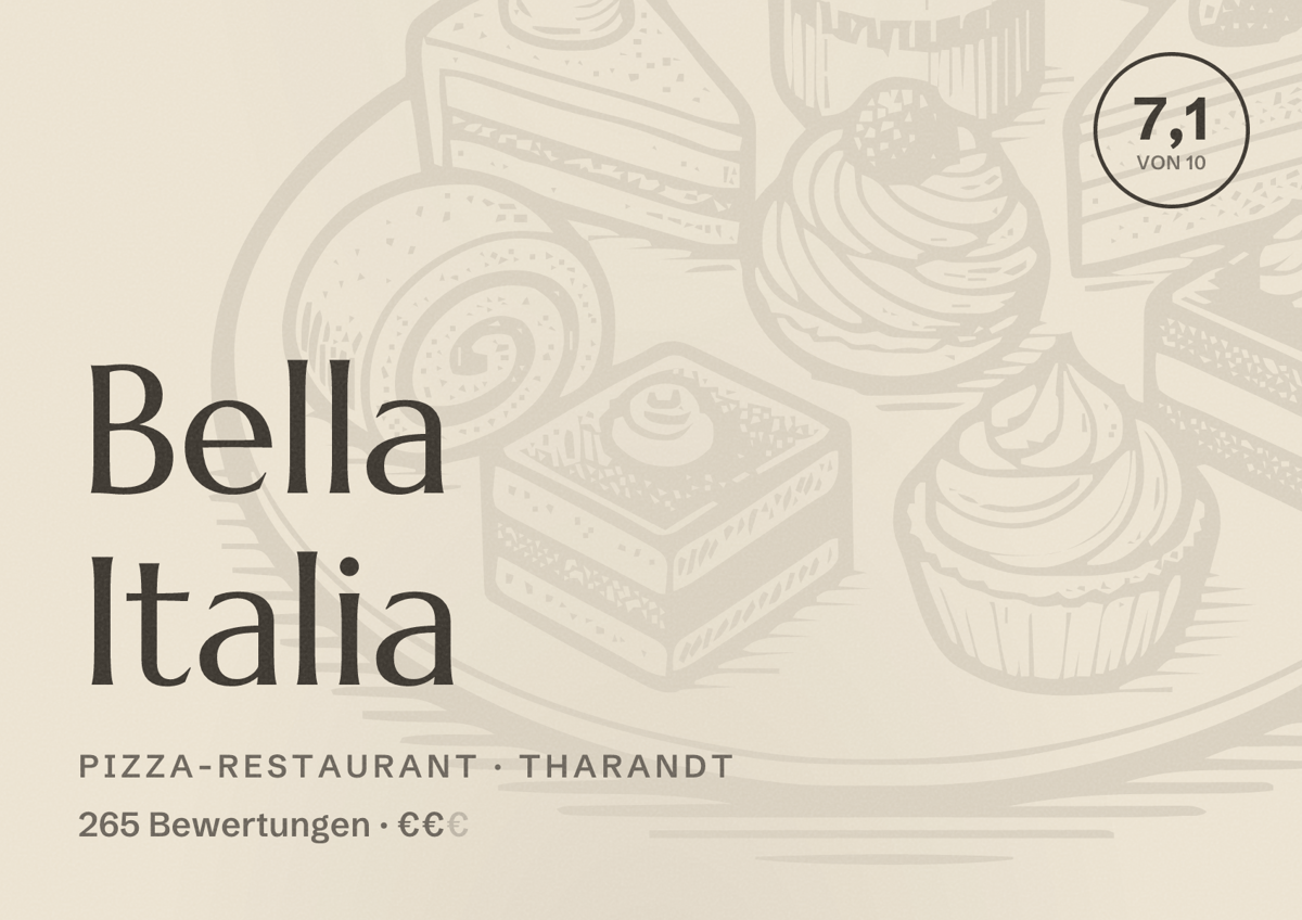 Illustriertes Poster von Bella Italia, Pizza-Restaurant in Tharandt: Bewertung 7,1 von 10 aus 265 Bewertungen, Preisniveau €€