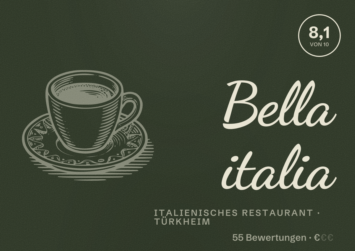 Illustriertes Poster von Bella italia, Italienisches Restaurant in Türkheim: Bewertung 8,1 von 10 aus 55 Bewertungen, Preisniveau €