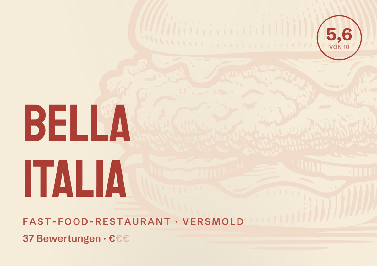 Illustriertes Poster von Bella Italia, Fast-Food-Restaurant in Versmold: Bewertung 5,6 von 10 aus 37 Bewertungen, Preisniveau €