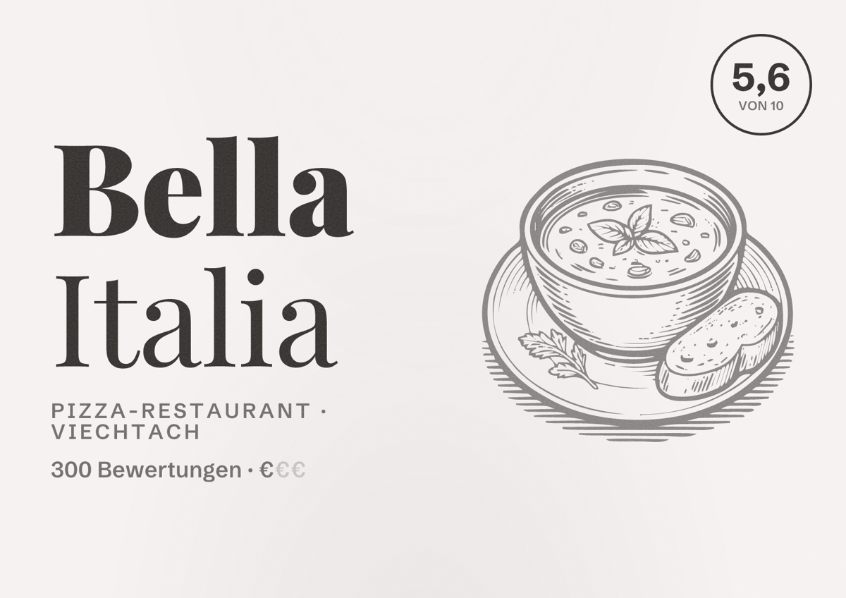 Illustriertes Poster von Bella Italia, Pizza-Restaurant in Viechtach: Bewertung 5,6 von 10 aus 300 Bewertungen, Preisniveau €