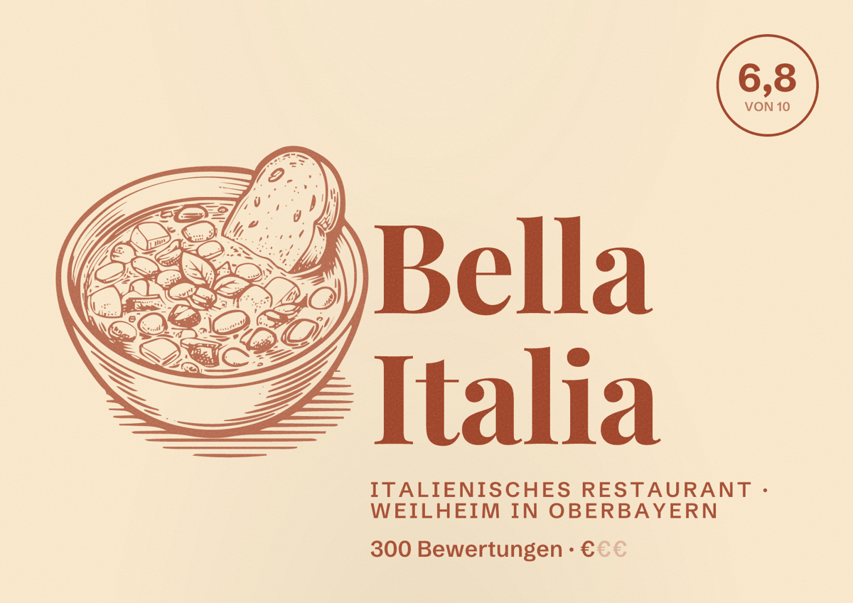 Illustriertes Poster von Bella Italia, Italienisches Restaurant in Weilheim in Oberbayern: Bewertung 6,8 von 10 aus 300 Bewertungen, Preisniveau €